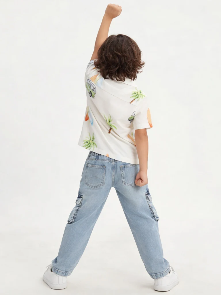 HOP Kids Boys Light Blue Washed Mid-Rise Cargo Jeans - Image 3
