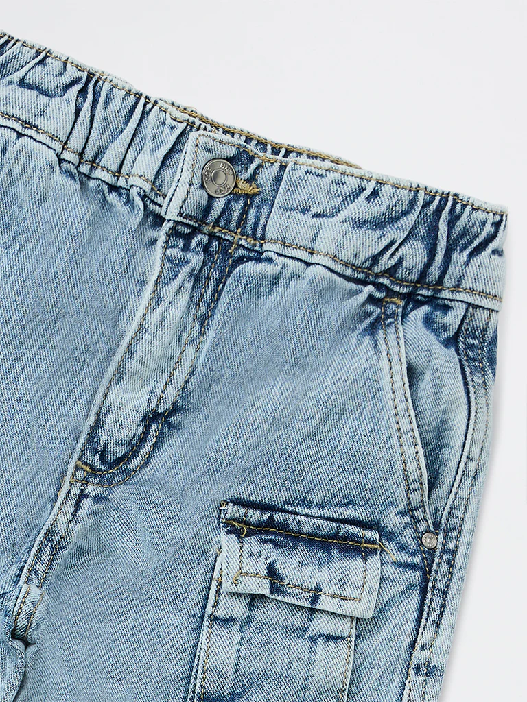 HOP Kids Boys Light Blue Washed Mid-Rise Cargo Jeans - Image 6