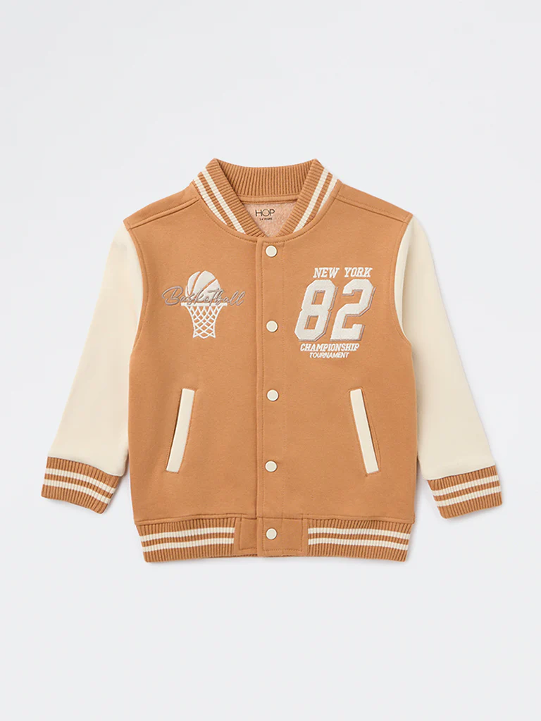 HOP Kids Boys Light Brown Embroidered Cotton-Blend Bomber Jacket - Image 4