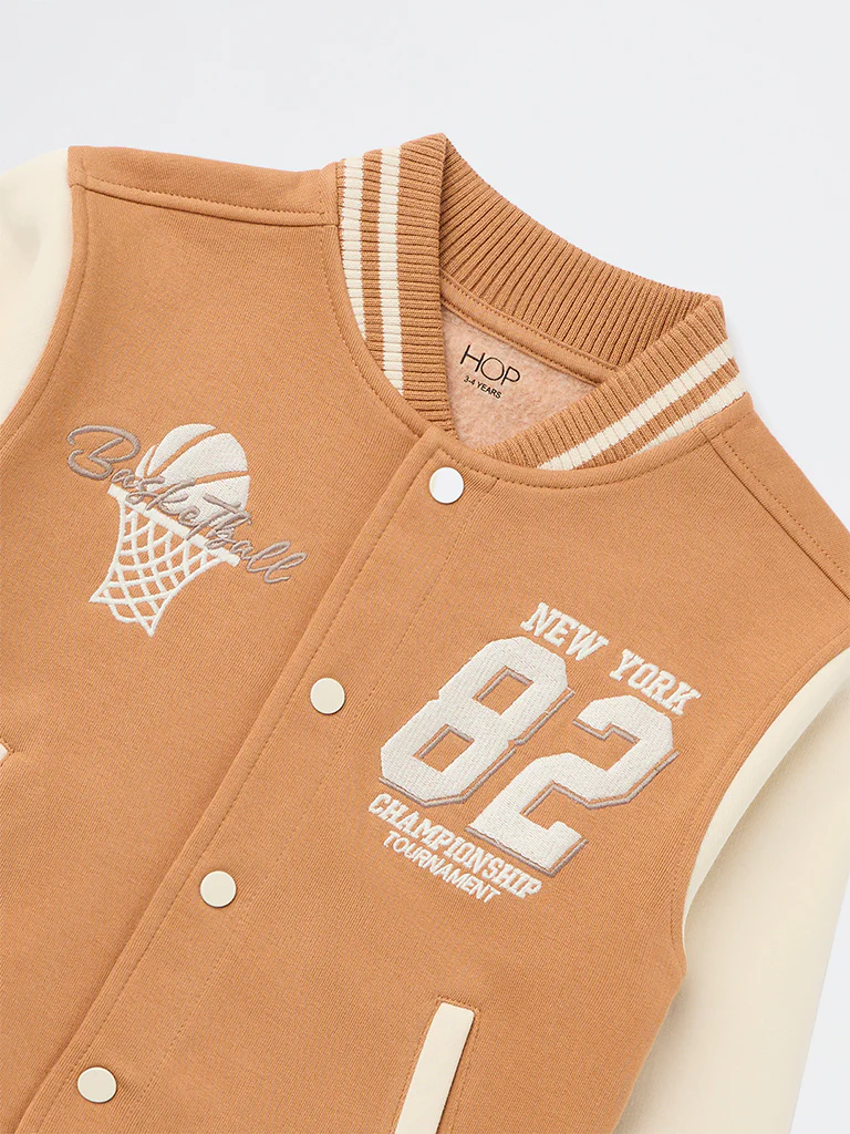 HOP Kids Boys Light Brown Embroidered Cotton-Blend Bomber Jacket - Image 6