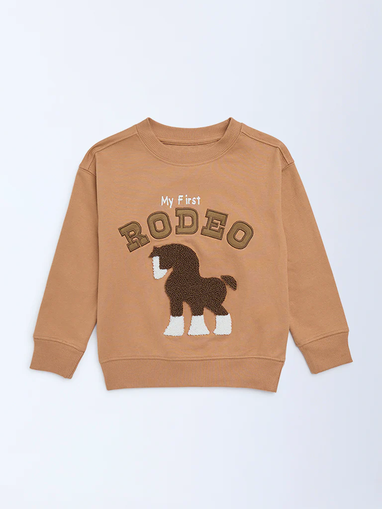 HOP Kids Boys Light Brown Embroidered Cotton-Blend Sweatshirt - Image 3