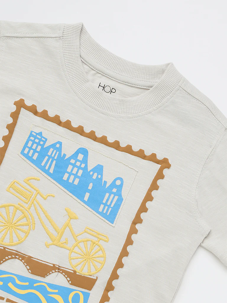 HOP Kids Boys Light Grey Graphic Printed Cotton T-Shirt - Image 6