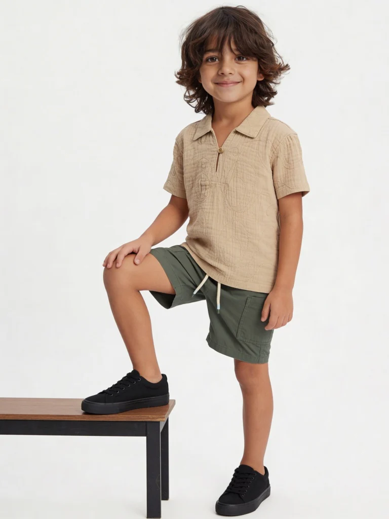 HOP Kids Boys Light Taupe Crinkle-Textured Cotton Shirt