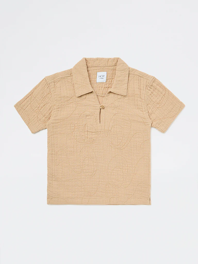 HOP Kids Boys Light Taupe Crinkle-Textured Cotton Shirt - Image 3