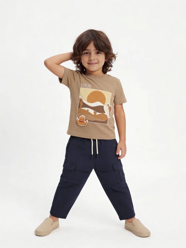 HOP Kids Boys Light Taupe Embroidered Cotton T-Shirt
