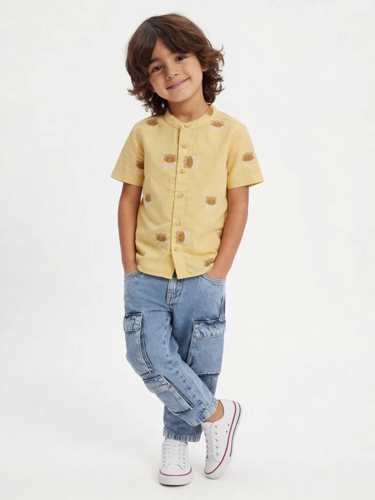 HOP Kids Boys Light Yellow Embroidered Cotton Shirt
