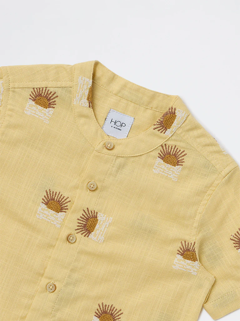 HOP Kids Boys Light Yellow Embroidered Cotton Shirt - Image 5