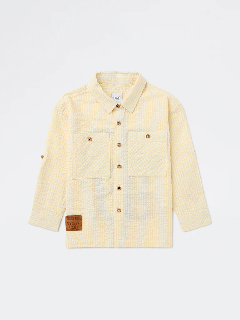HOP Kids Boys Light Yellow Striped Textured Cotton Shirt - Image 4