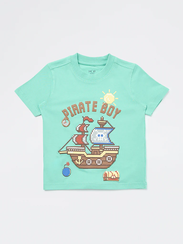 HOP Kids Boys Mint Graphic Design Cotton T-Shirt - Image 4