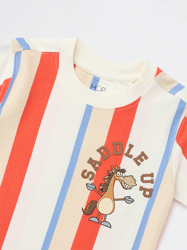 HOP Kids Boys Multicolour Striped Cotton T-Shirt - Image 5