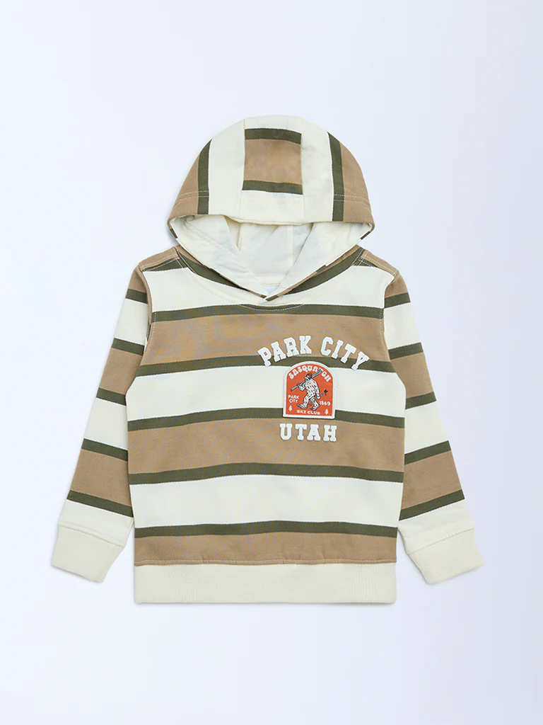 HOP Kids Boys Multicolour Striped Hooded Cotton Sweatshirt - Image 4
