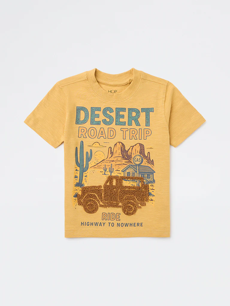 HOP Kids Boys Mustard Printed Cotton T-Shirt - Image 3