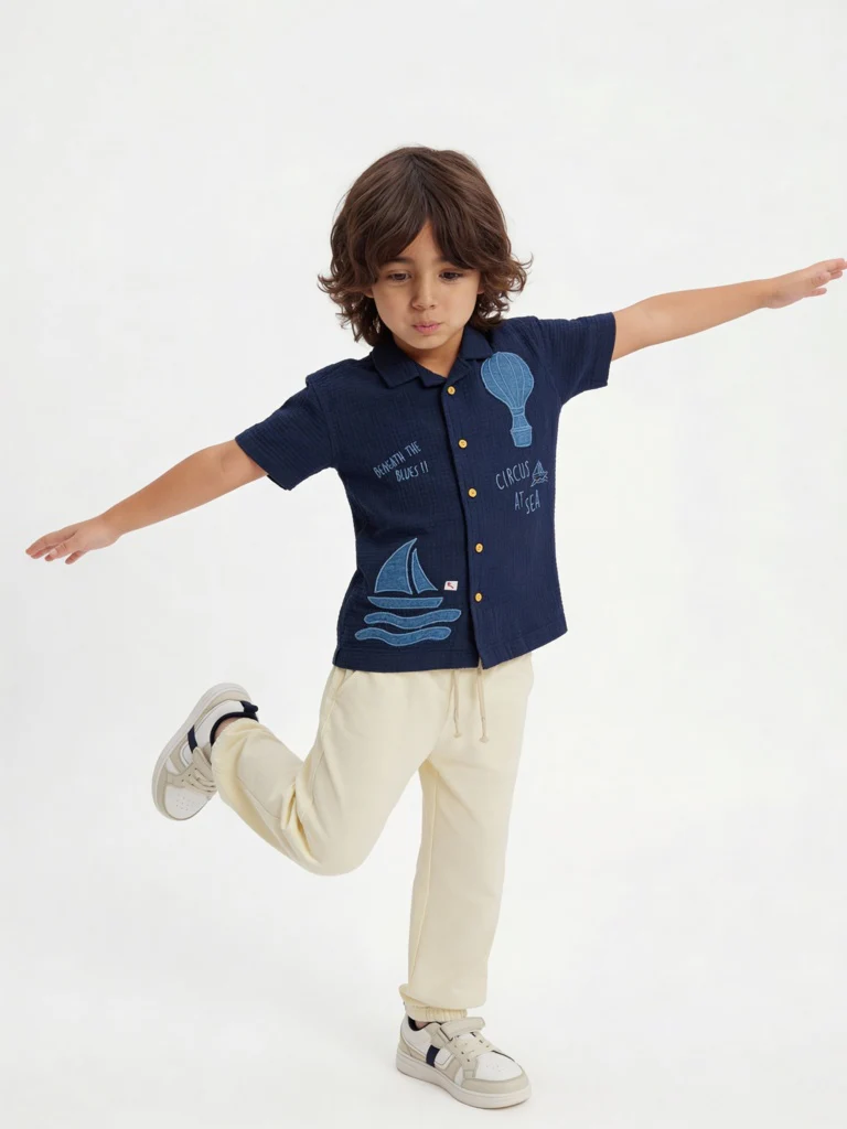 HOP Kids Boys Navy Embroidered Cotton Shirt
