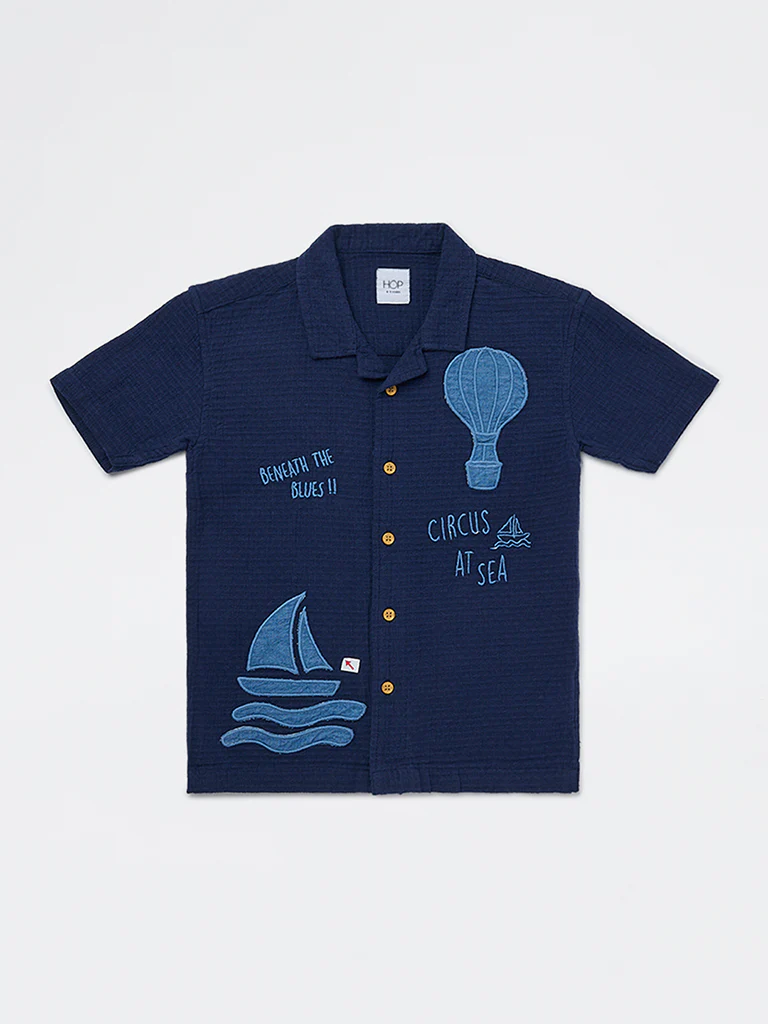 HOP Kids Boys Navy Embroidered Cotton Shirt - Image 3