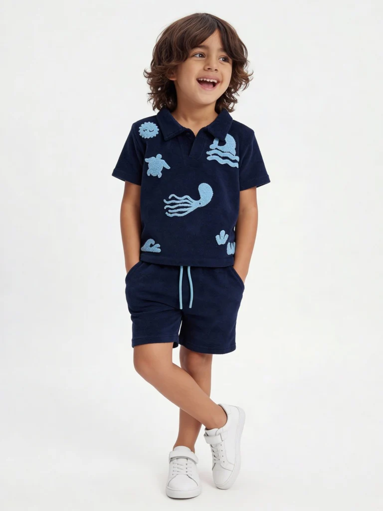 HOP Kids Boys Navy Sea-Life Embroidered Cotton T-Shirt and Shorts Set