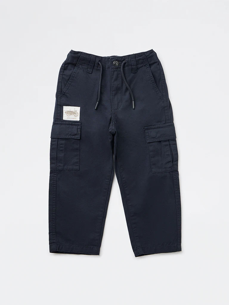 HOP Kids Boys Navy Solid Relaxed-Fit Cotton Cargo Pants - Image 4