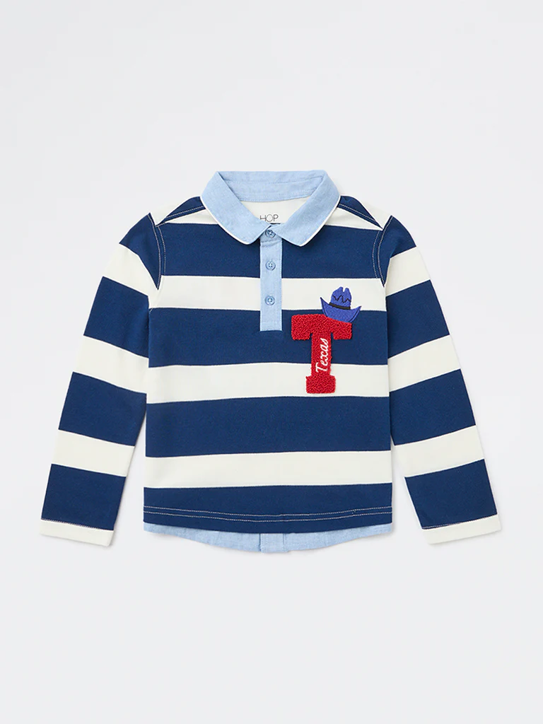 HOP Kids Boys Navy Striped Cotton Polo T-Shirt - Image 4