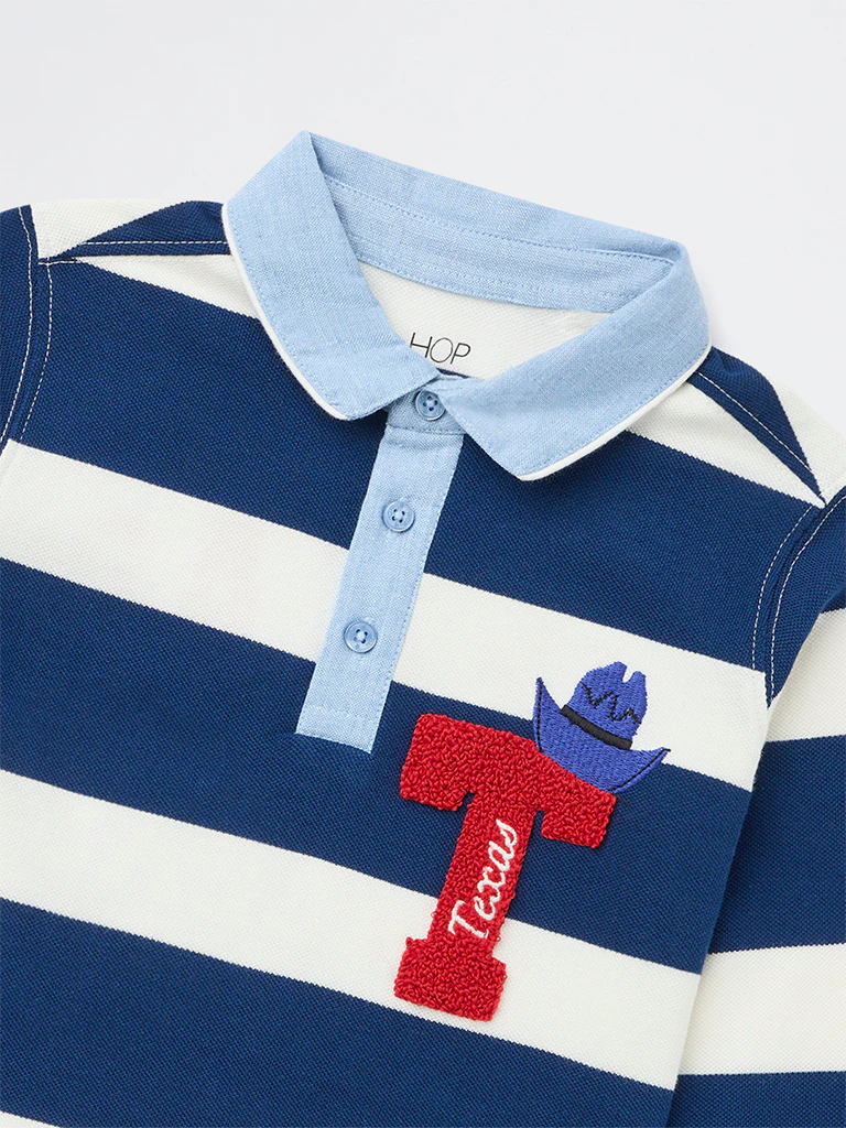 HOP Kids Boys Navy Striped Cotton Polo T-Shirt - Image 6