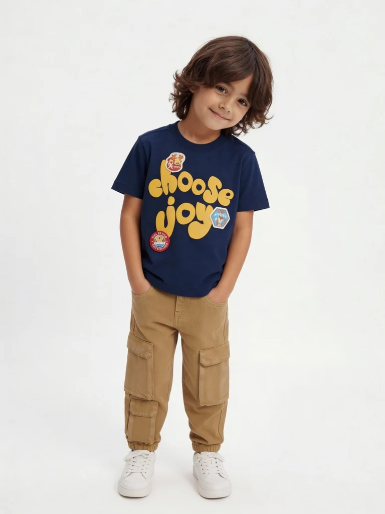 HOP Kids Boys Navy Text Embossed Cotton T-Shirt