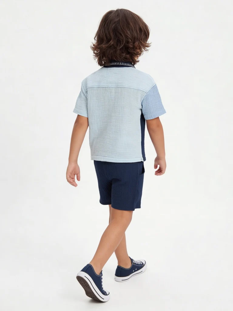 HOP Kids Boys Navy Textured Cotton Shirt and Shorts Set - Image 2