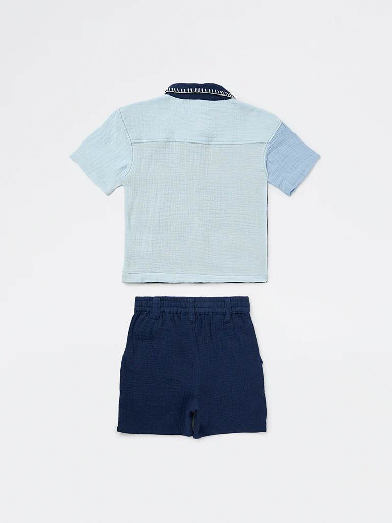 HOP Kids Boys Navy Textured Cotton Shirt and Shorts Set - Image 4
