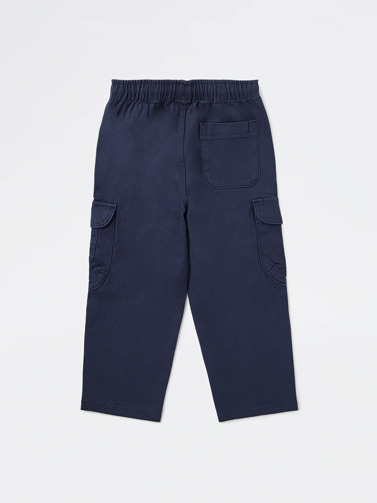 HOP Kids Boys Navy Textured Mid-Rise Cotton-Blend Cargo Pants - Image 5
