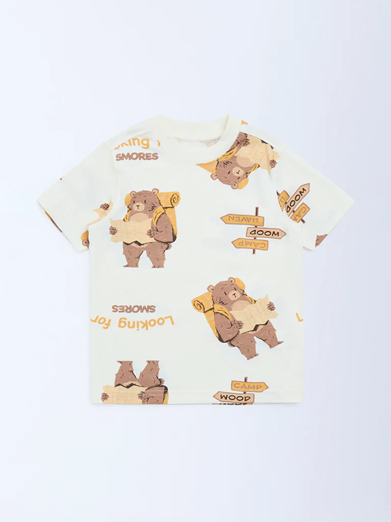 HOP Kids Boys Off-White Animal Printed Cotton T-Shirt - Image 3