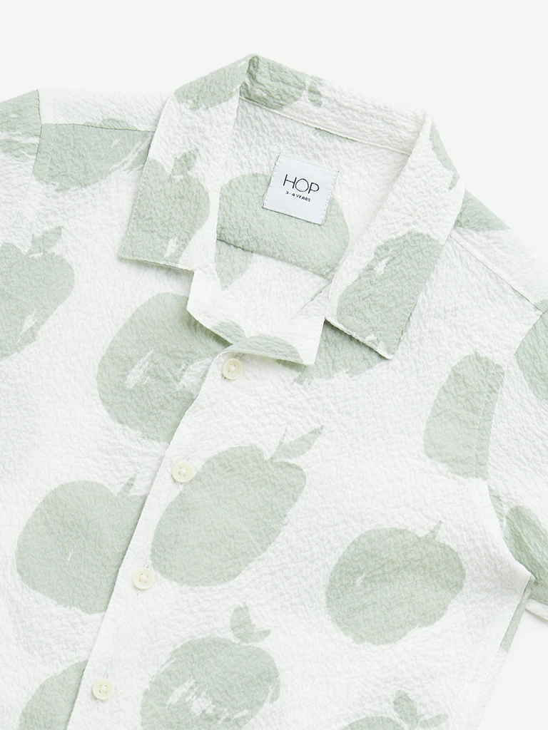 HOP Kids Boys Off-White Apple Printed Crinkle Cotton Shirt - Image 3