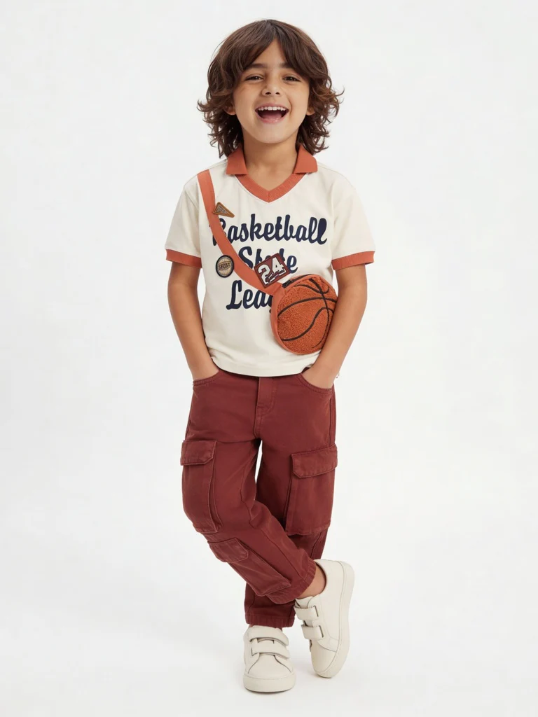 HOP Kids Boys Off-White Basketball-Themed Cotton T-Shirt