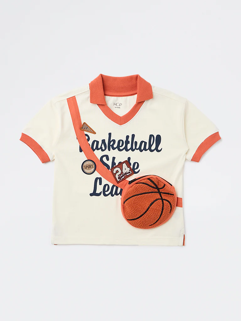 HOP Kids Boys Off-White Basketball-Themed Cotton T-Shirt - Image 3