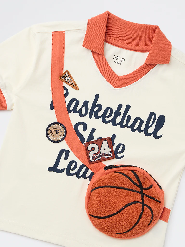 HOP Kids Boys Off-White Basketball-Themed Cotton T-Shirt - Image 5
