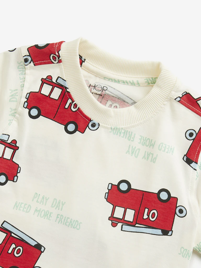 HOP Kids Boys Off-White Bus Printed Cotton T-Shirt - Image 3