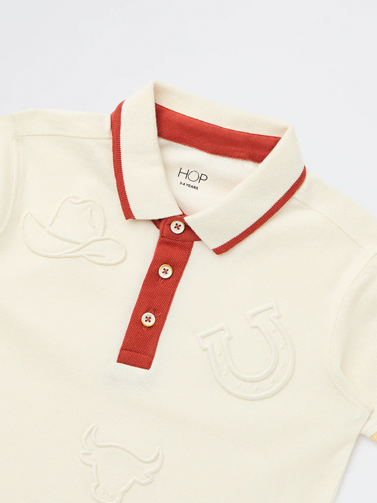 HOP Kids Boys Off-White Cotton Polo T-Shirt - Image 5