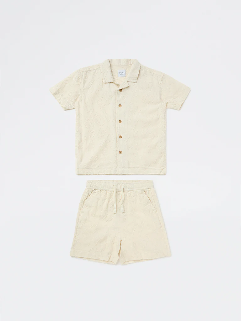 HOP Kids Boys Off-White Cotton Shirt with Shorts Set - Image 3