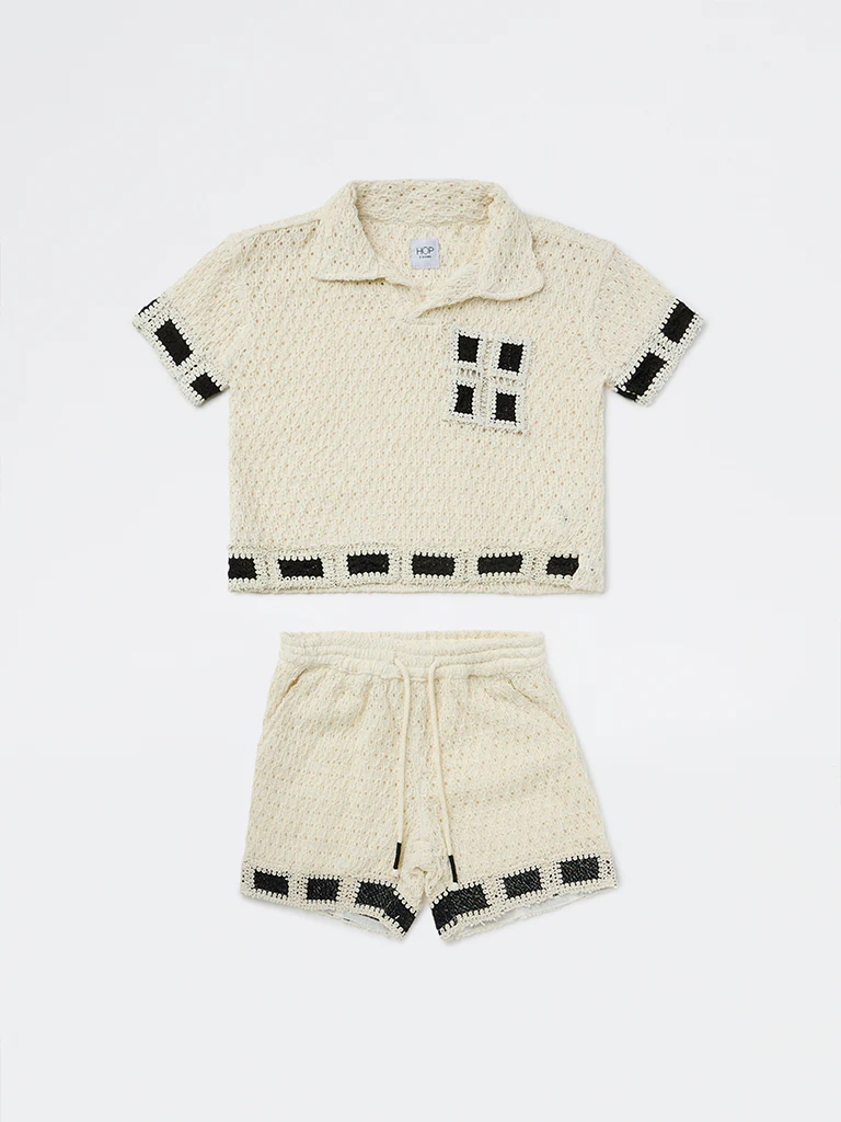 HOP Kids Boys Off-White Cotton T-Shirt and Shorts Set - Image 3