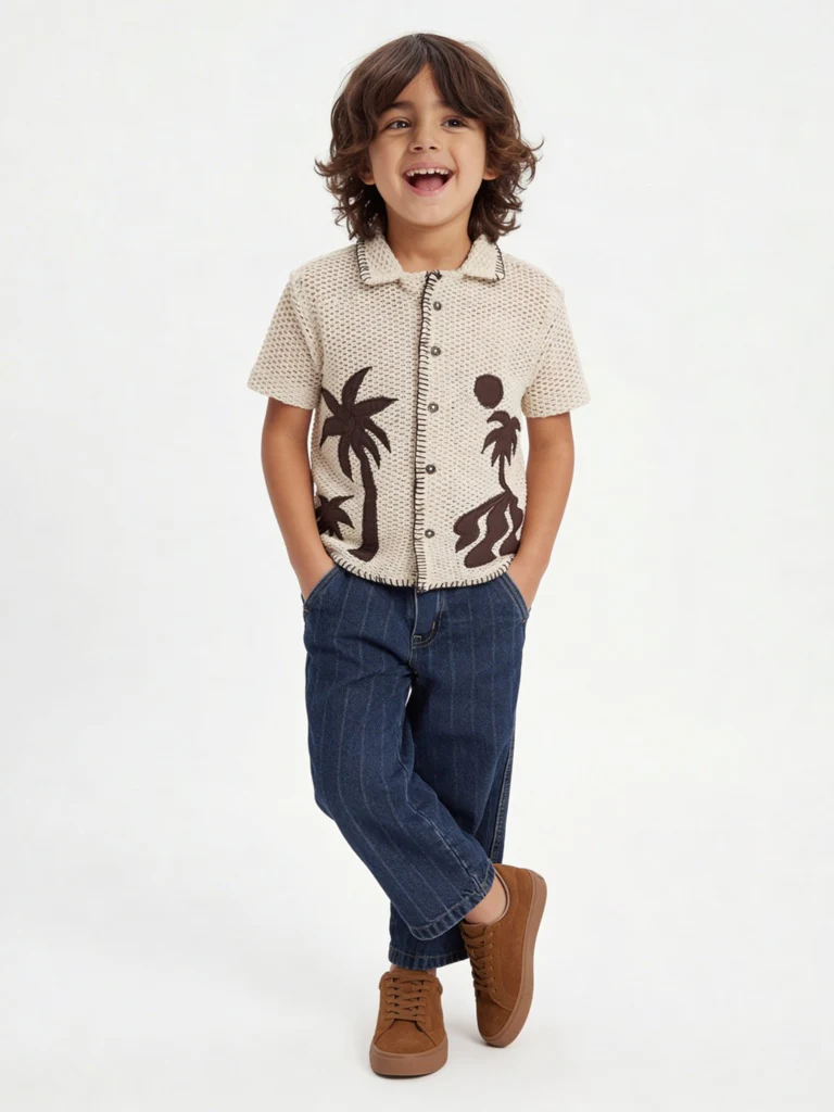 HOP Kids Boys Off-White Crochet-Knit Cotton-Blend Shirt