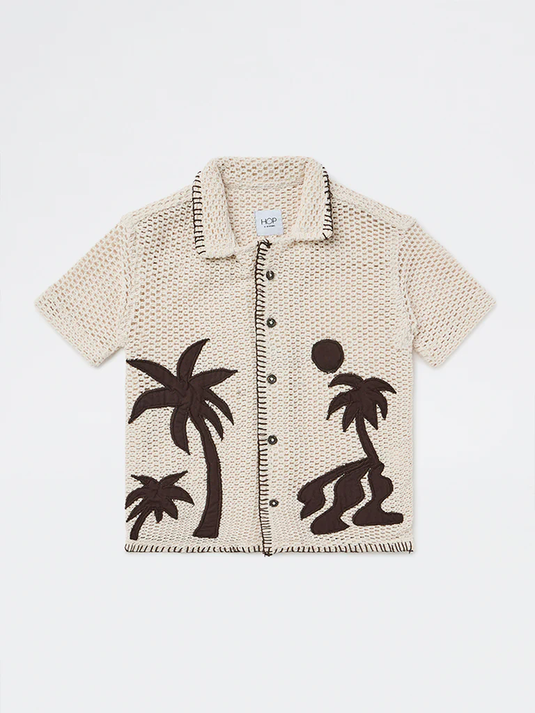 HOP Kids Boys Off-White Crochet-Knit Cotton-Blend Shirt - Image 3