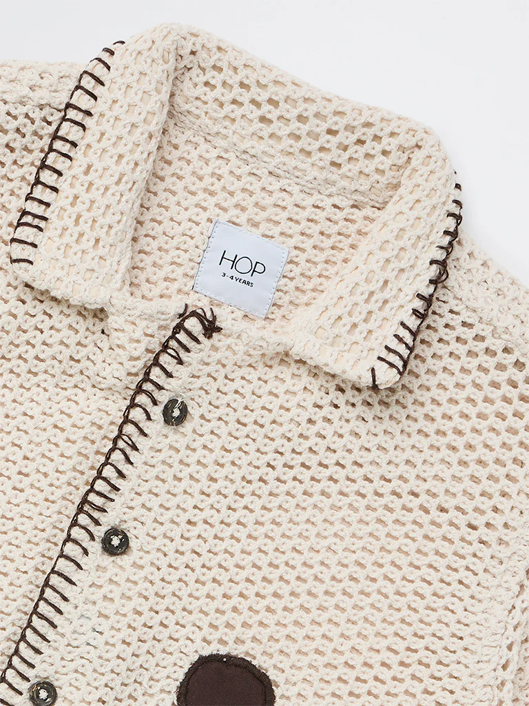 HOP Kids Boys Off-White Crochet-Knit Cotton-Blend Shirt - Image 5