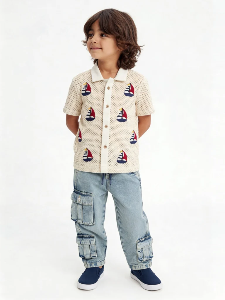 HOP Kids Boys Off-White Crochet-Knitted Cotton Shirt