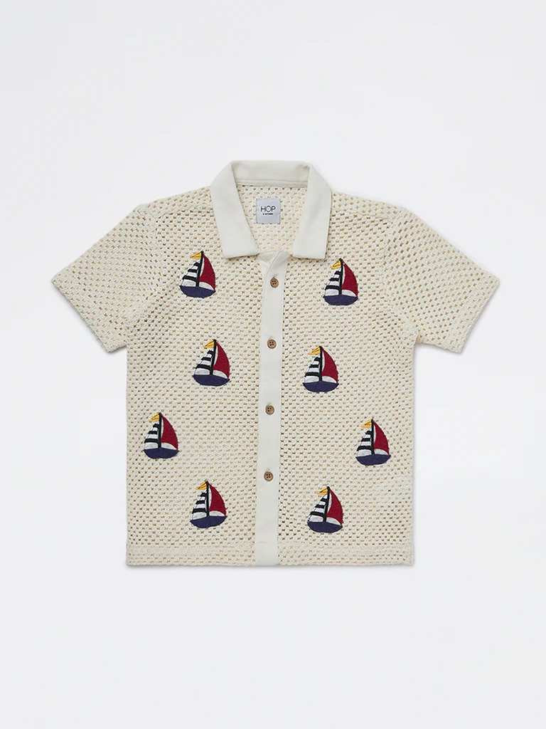 HOP Kids Boys Off-White Crochet-Knitted Cotton Shirt - Image 3