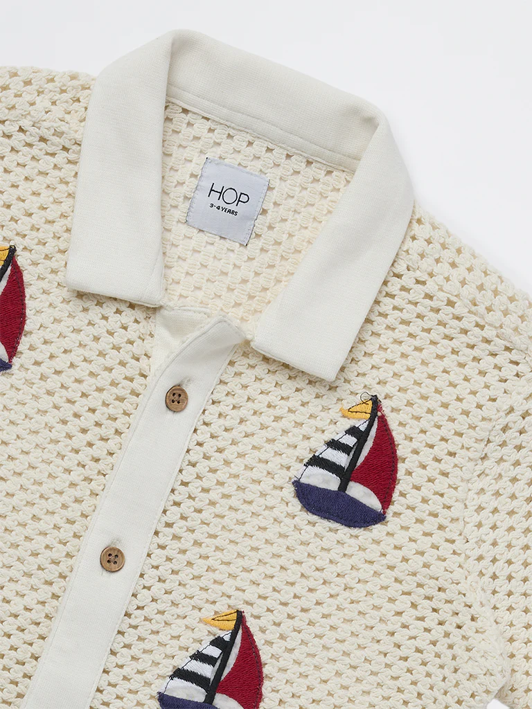 HOP Kids Boys Off-White Crochet-Knitted Cotton Shirt - Image 5
