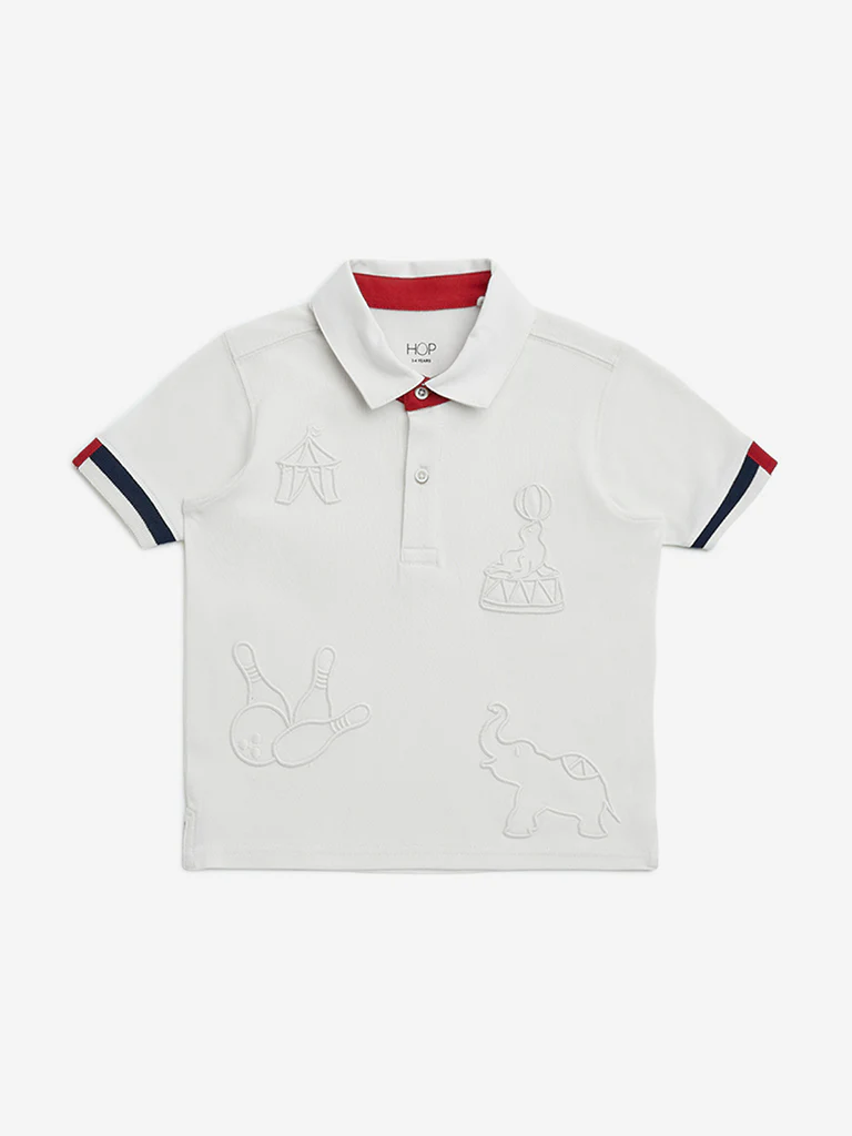 HOP Kids Boys Off-White Embroidered Cotton Polo T-Shirt - Image 2
