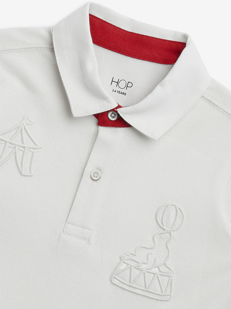 HOP Kids Boys Off-White Embroidered Cotton Polo T-Shirt - Image 4