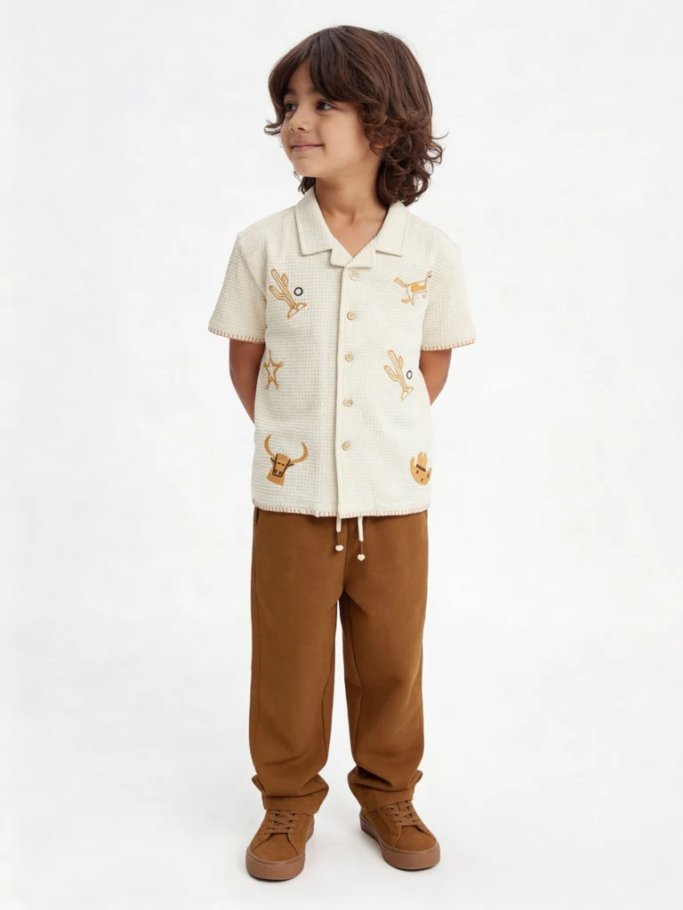 HOP Kids Boys Off-White Embroidered Cotton Shirt