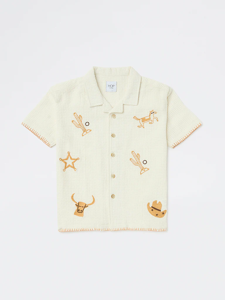 HOP Kids Boys Off-White Embroidered Cotton Shirt - Image 3