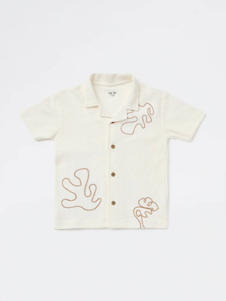 HOP Kids Boys Off-White Embroidered Resort-Fit Cotton Shirt - Image 4