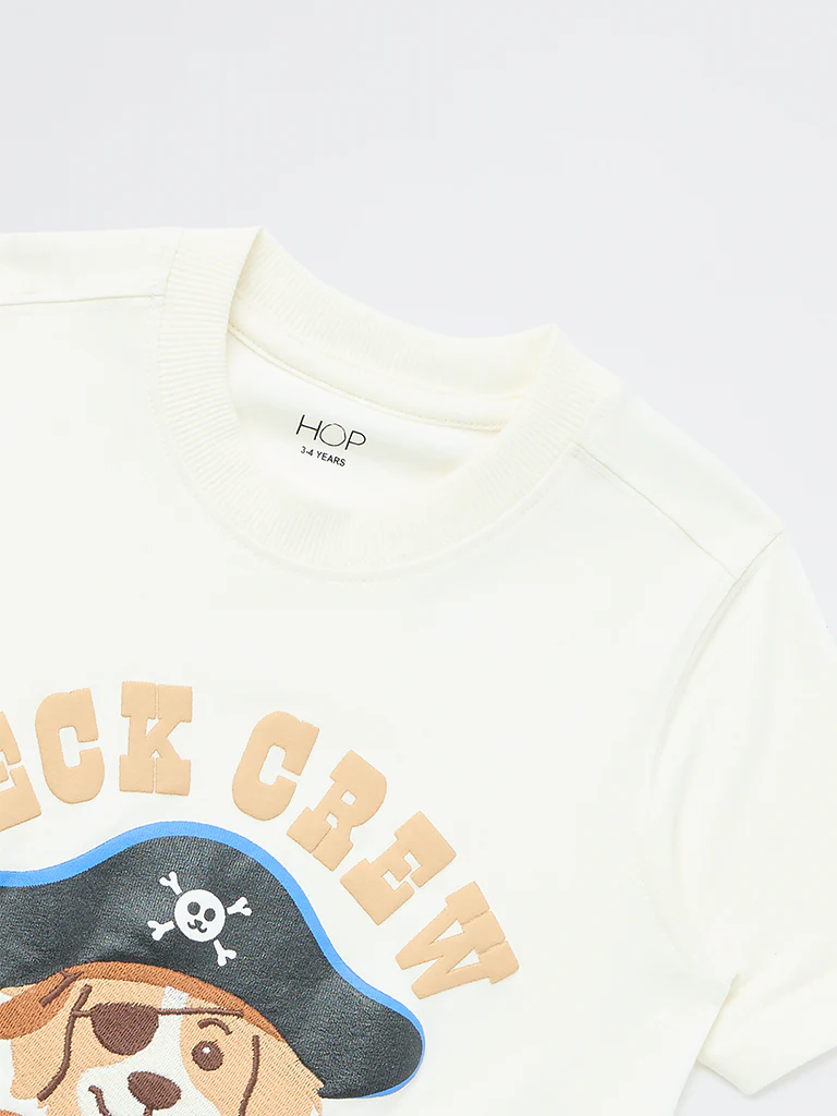 HOP Kids Boys Off-White Graphic Design Cotton T-Shirt - Image 5