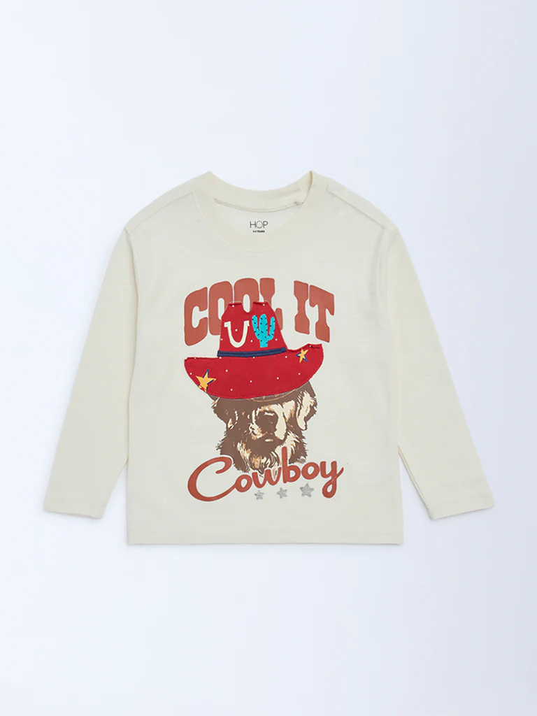 HOP Kids Boys Off-White Printed Cotton T-Shirt - Image 3