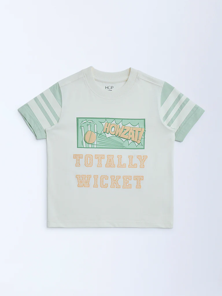 HOP Kids Boys Off-White Text Detailed Cotton T-Shirt - Image 3