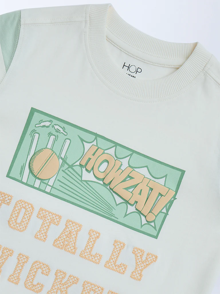 HOP Kids Boys Off-White Text Detailed Cotton T-Shirt - Image 5